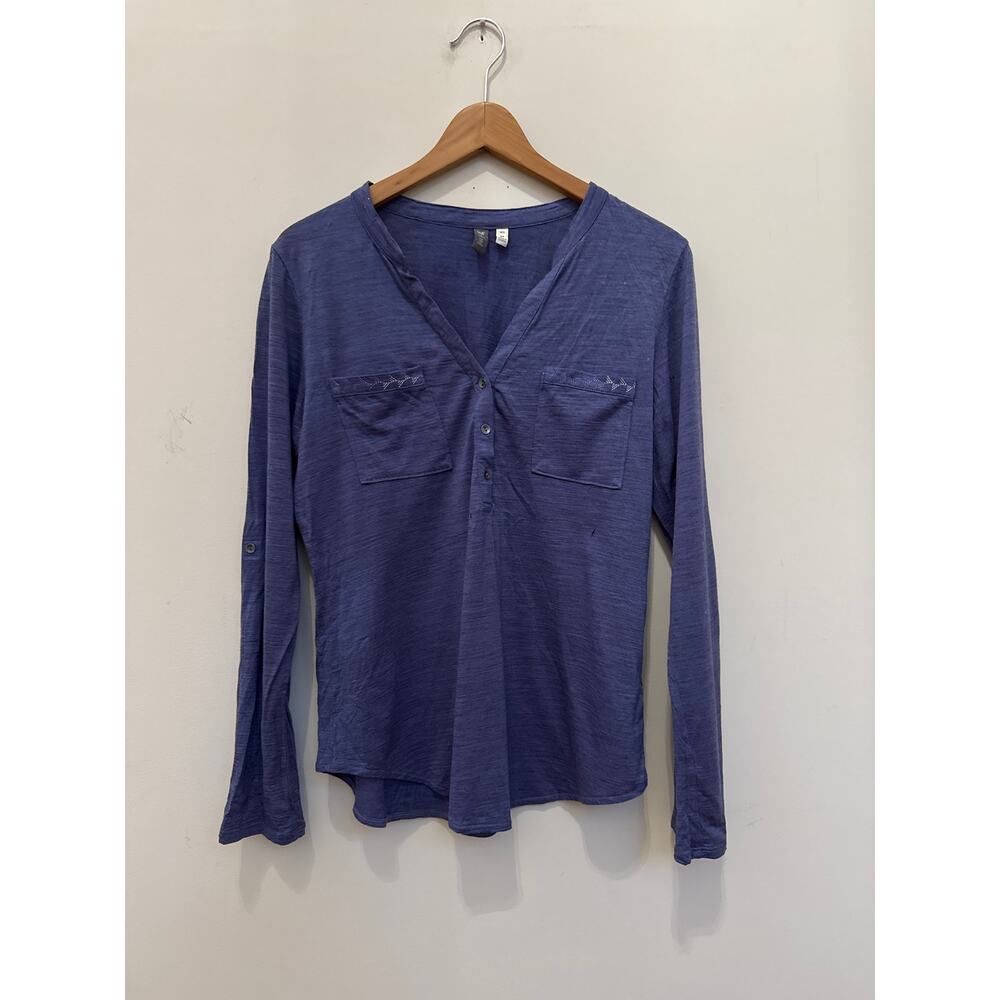 Ibex Merino Wool Top Womens M Purple Blue Henley Tee Vneck Shirt Outdoor Stretch